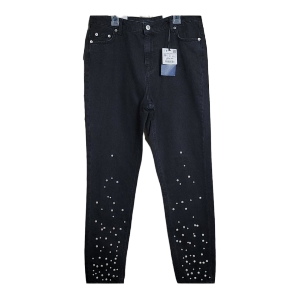 NWT Zara Mom Fit Jeans Pearl Embellished Tapered Leg 4 High Waisted Black Rigid